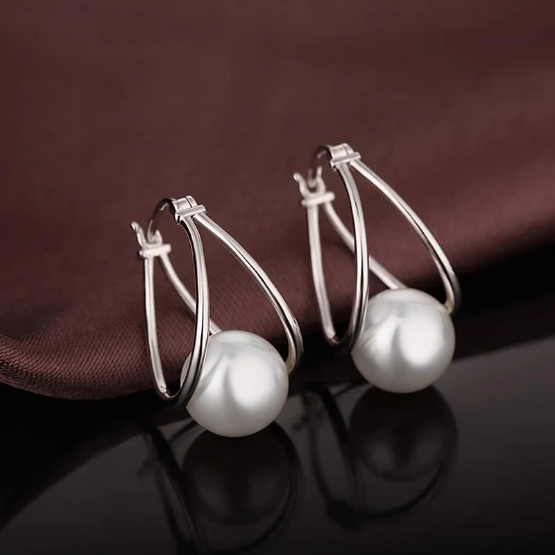 Huitan Simple Stylish Round Imitation Pearl Hoop Earrings for Women Silver Color New Fashion Girl Ear Accessories Modern Jewelry