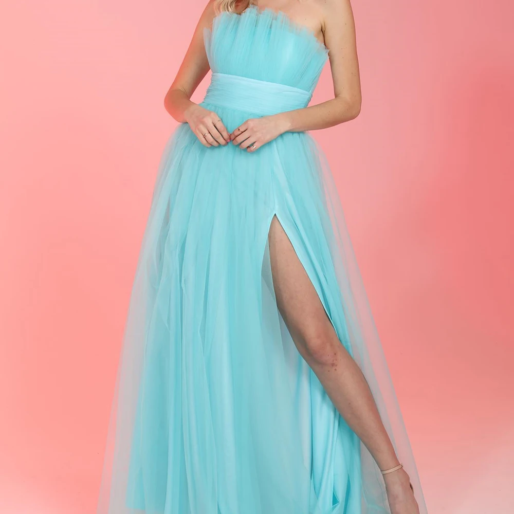 

Dubai Evening Caftan Dress Floor Length Straight Strapless Pleats Solid Color Tulle Sleeveless Elegant Bespoke Occasion Gowns