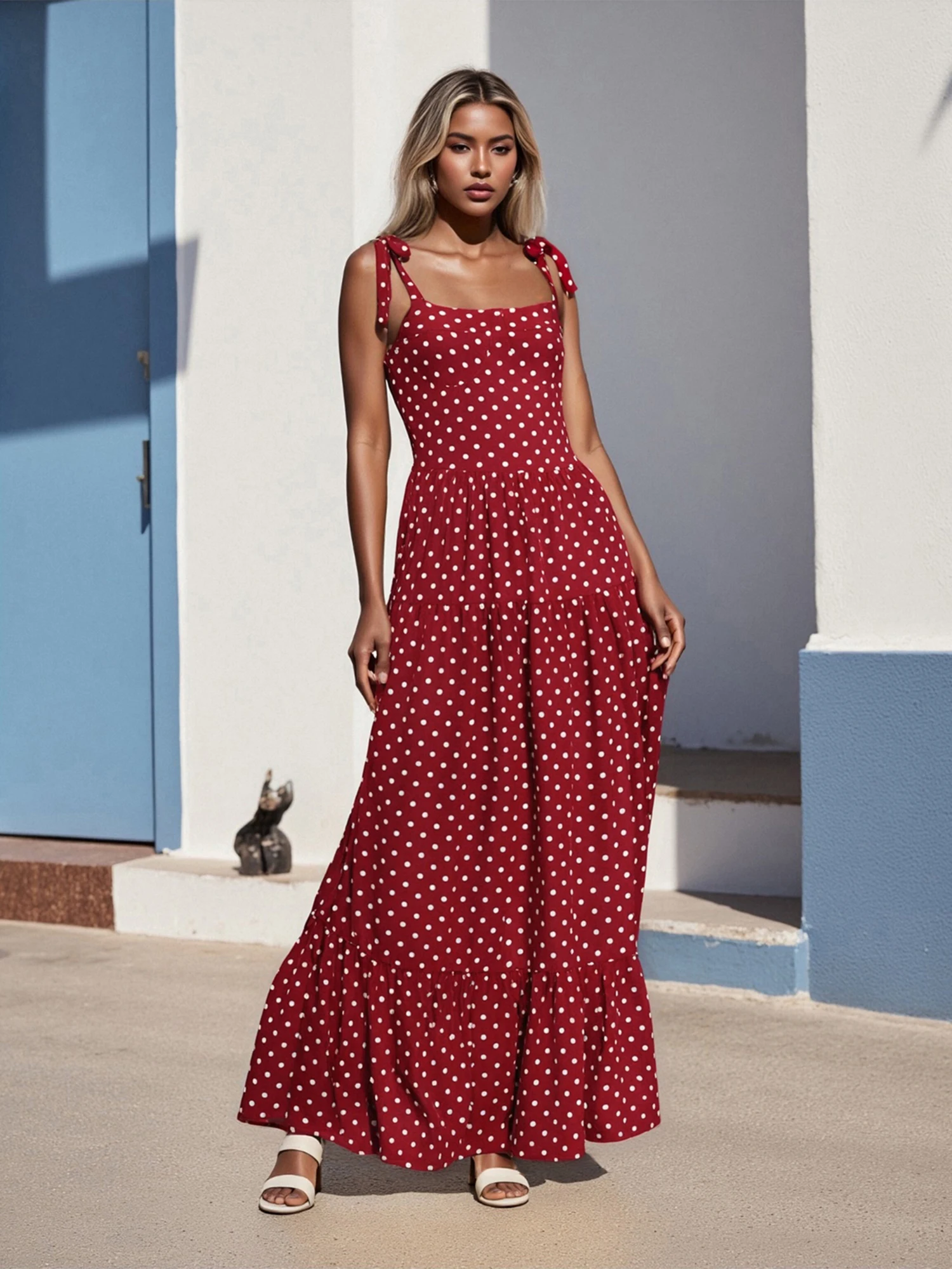 Women s Polka Dot Print Sleeveless Maxi Dress with Tie-Up Straps Summer Fashion Casual Cami Dress for a Stylish Look