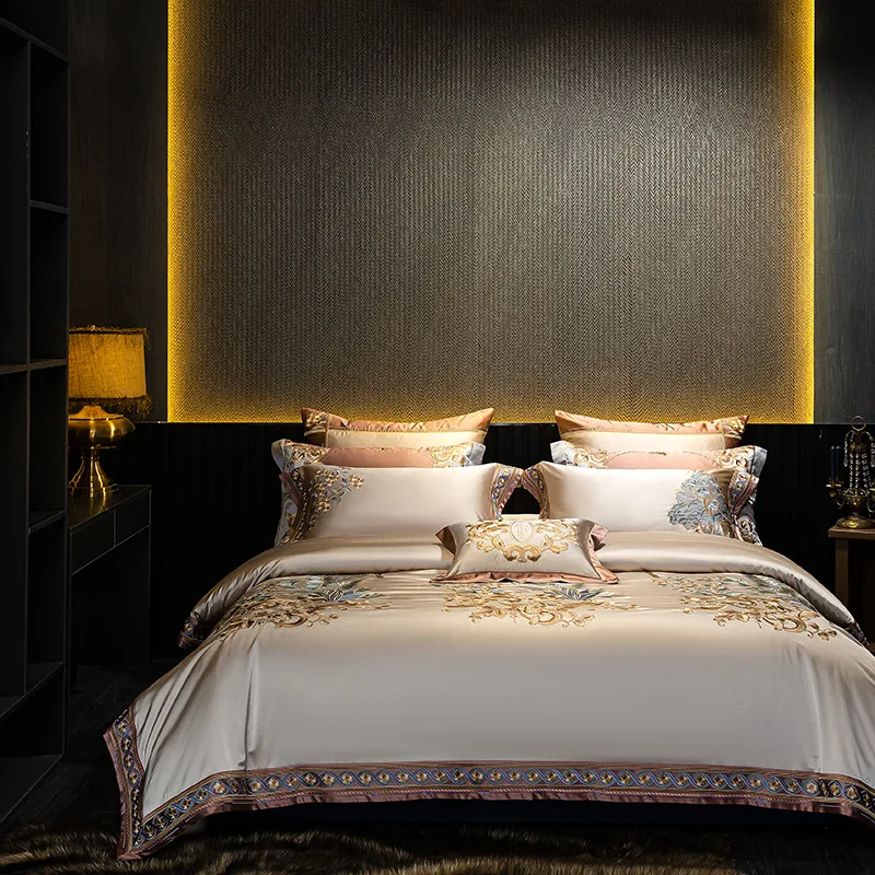 High-end light luxury pastoral silk cotton long-staple cotton embroidered home textile bed four-piece set skin-friendly and soft