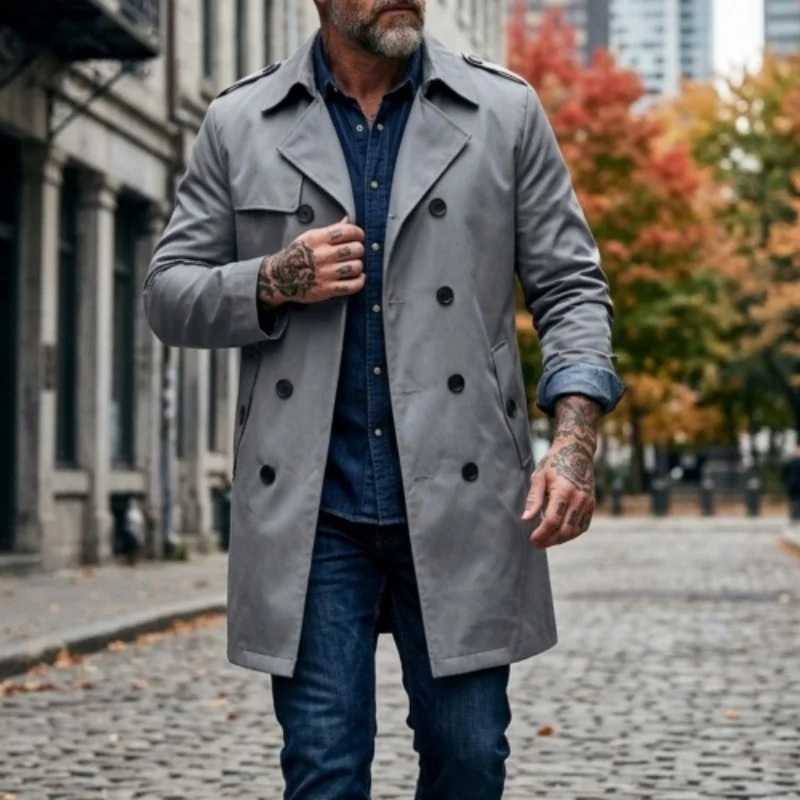 New Autumn Men's Trench Double-Breasted Windbreaker Epaulette Lightweight Mid-Length Travel Jacket Casual Outdoor Thin Coat Male