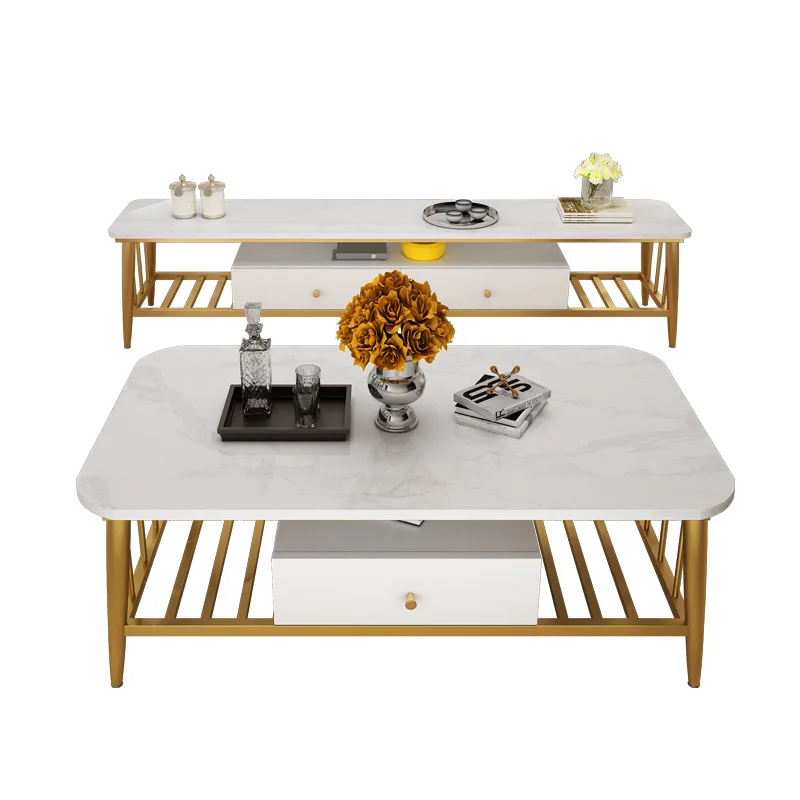 

Wrought iron marble TV cabinet coffee table household living room rectangular double-layer audio-visual cabinet with drawer