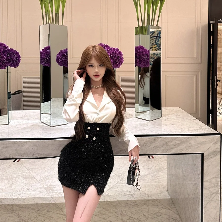 Sexy cintura alta iny satén irt Dr falso falda ortopé de dos piezas ajuste y llamarada V-Ne largo Sve mujer Otoño Invierno nuevo...