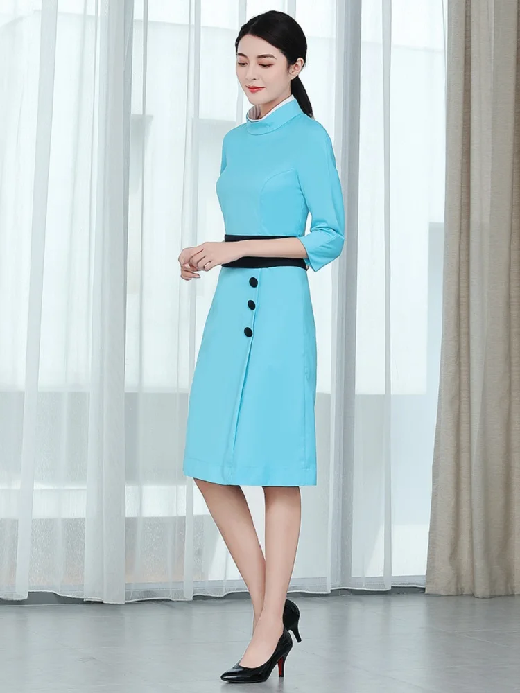 Airline Company Captain Uniform Woman Stewardess Blue Dress Three Quarter Sleeve Professional Attire Etiquette Work Clothes Lady