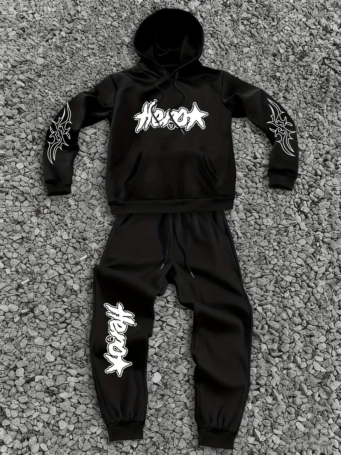 Men Letter Pattern Print Hoodie With Drawstring Pockets & Outdoor Sweatpants 2‑Pcs Casual Sports Tracksuit