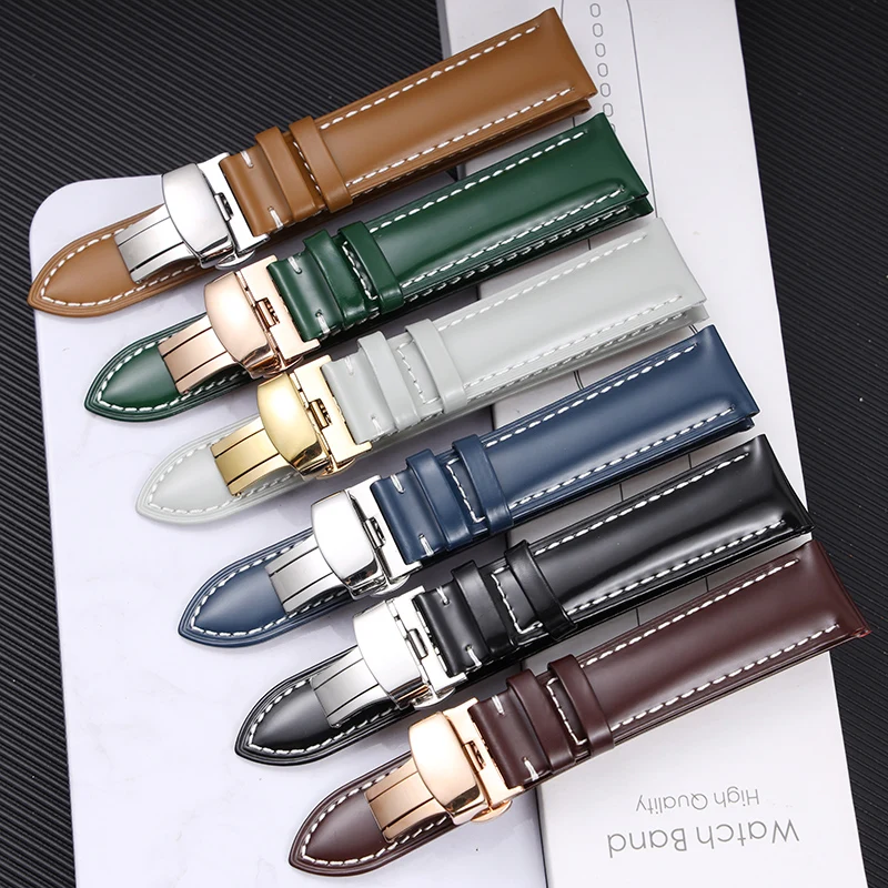 Handmade Patent Leather Genuine Leather Strap,18/20/22MM Head Layer Cowhide Men\'s Bracelet Vintage for Huawei GT/Rolex/fossil