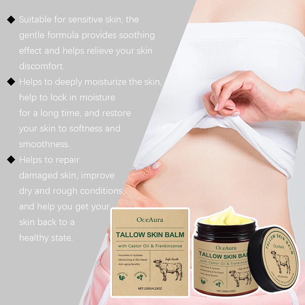 120g Tallow Castor Frankincense Skin Balm Grass Fed Whipped Beef Tallow Balm Deeply Moisturizing For Face Body Care