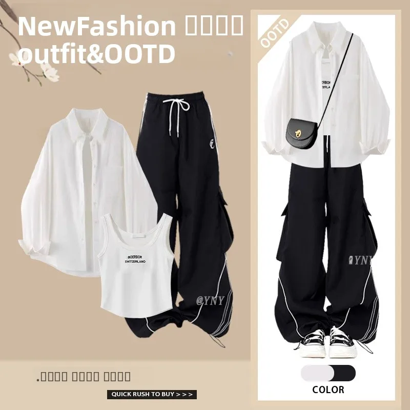 

Весна 2025 College Sle, повседневный универсальный топ с высокой талией, жилет, женский модный комплект, футболка, костюм Long Sve V Ne...