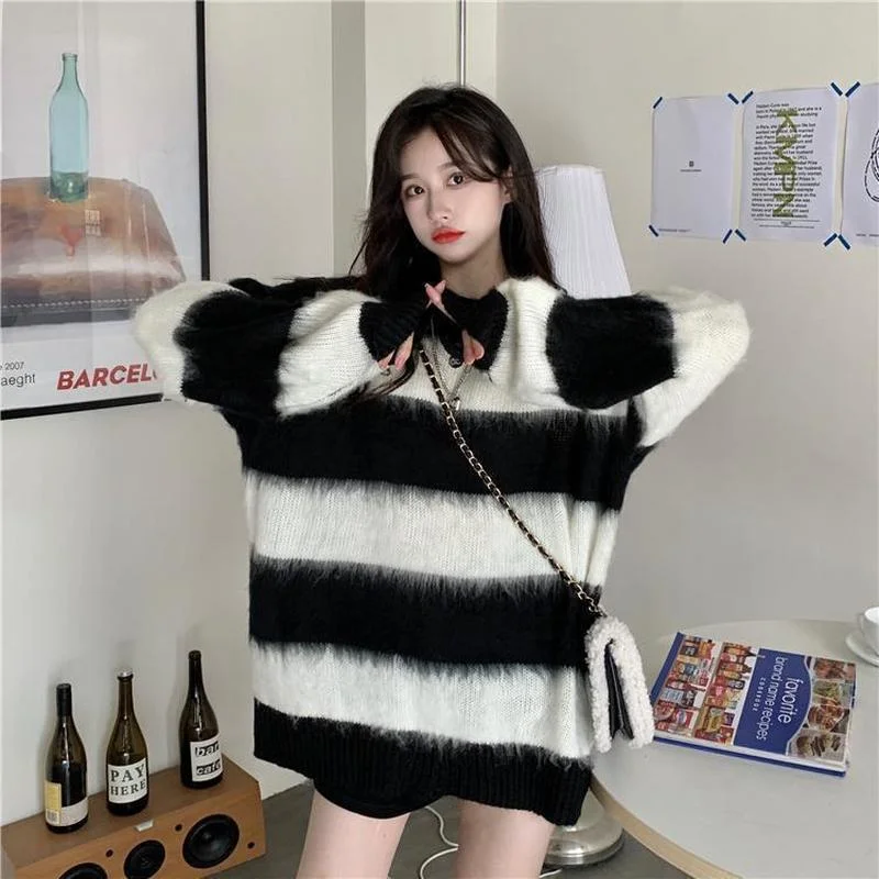 Pullovers Women Striped Ladies Свитер Knitting Fashion BF Baggy Streetwaer Lovely All-match Harajuku Clothes Sweet Warm Popular