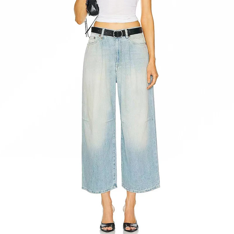 Washed denim banana eight pants, fashionable versatile ladies wide leg pants, high quality cotton, 2024 summer, new, Y2K