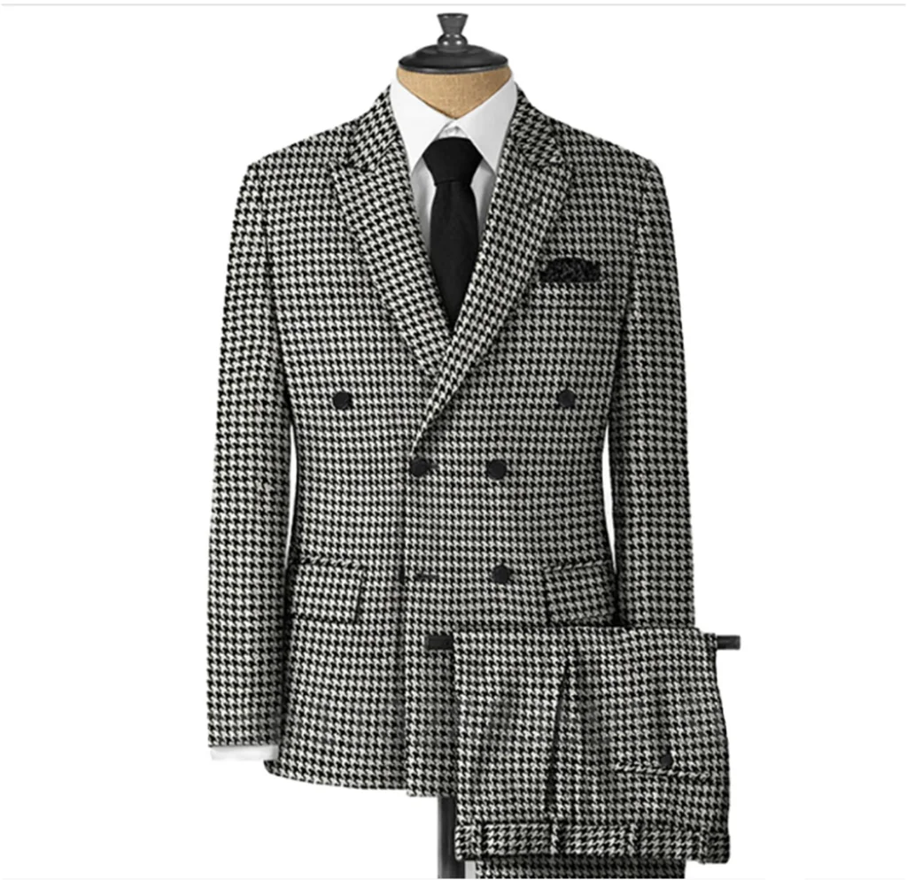 Elegant Houndstooth Customized Suit for Men 2-Piece Blazer And Pant Set Or Single Peak Lapel Plaid Evening Party Wear