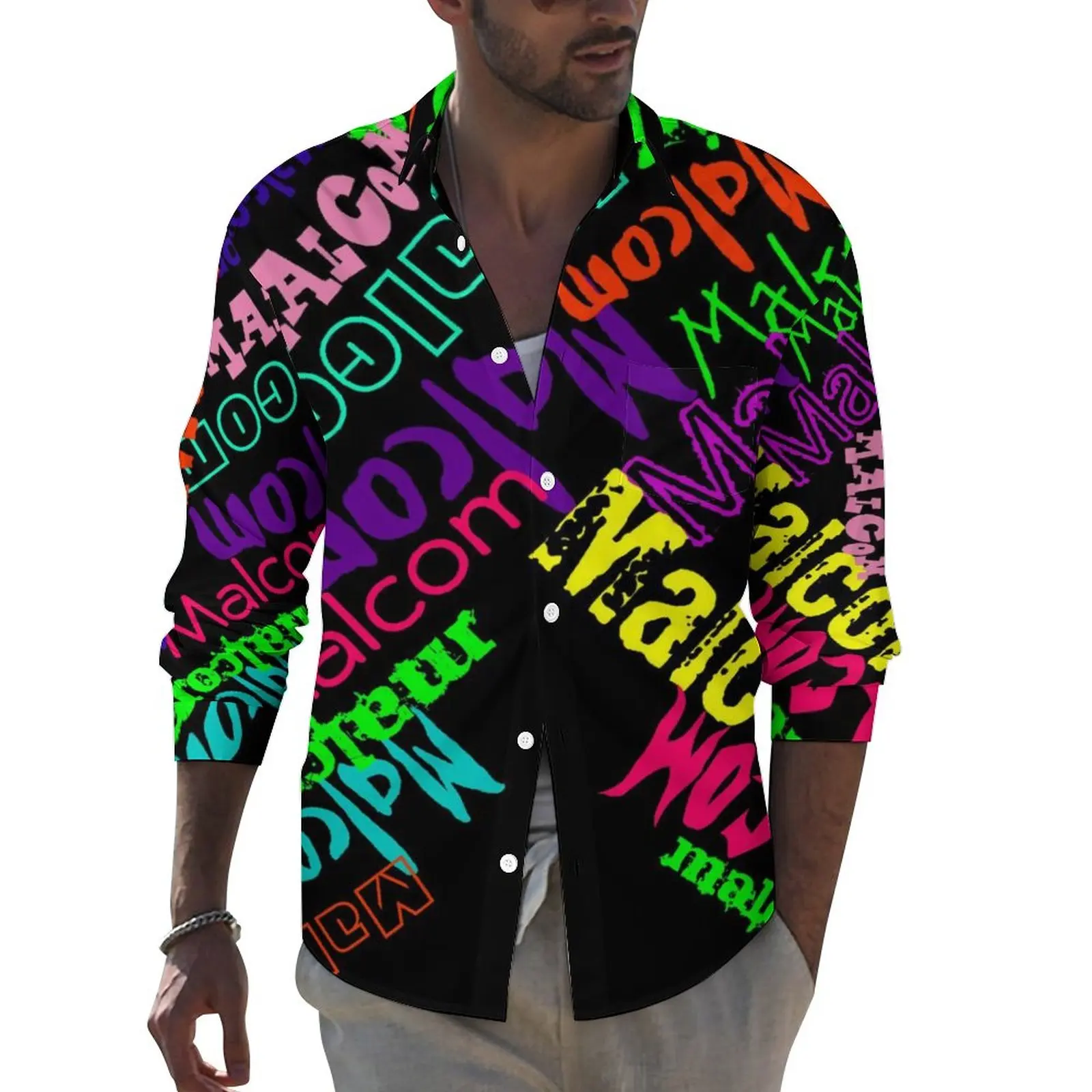 

Colorful Word Graffiti Shirt Men Letter Print Casual Shirts Autumn Y2K Graphic Blouses Long Sleeve Loose Oversize Clothes Gift