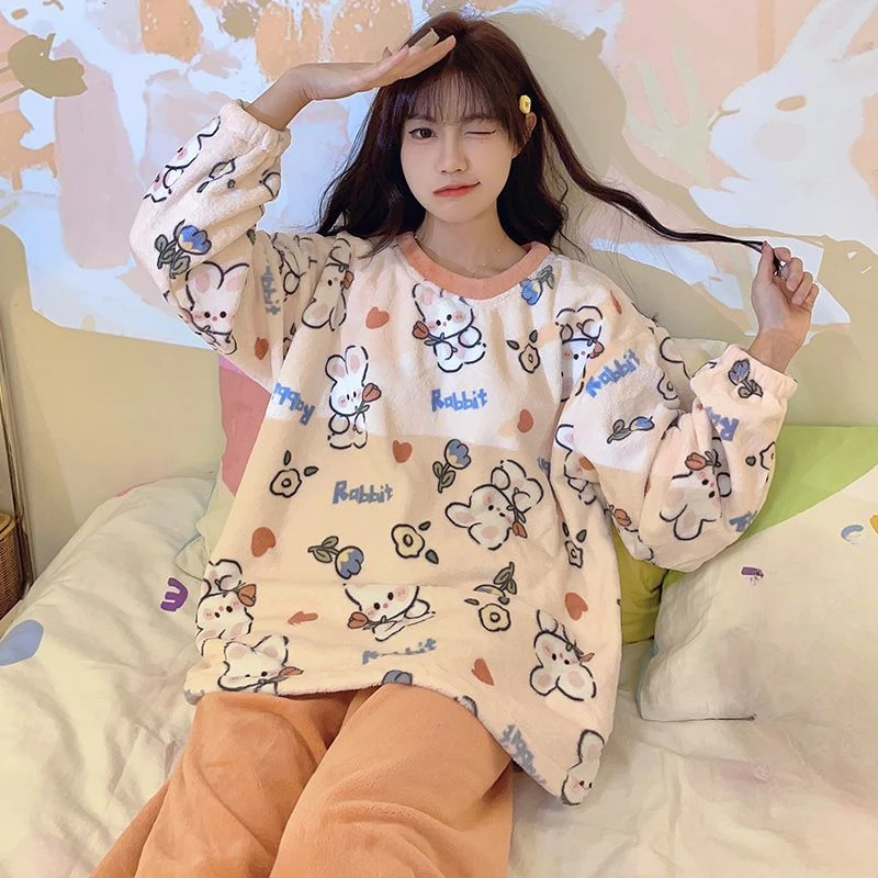 Round Neck Cartoon Pajamas Autumn Winter Fleece-Lined Warm Women's Sleepwear Set Student Sweet Flannel Loose Homewear Suit 2024