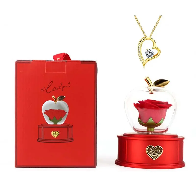 Luxury Eternal Rose Apple - Shaped Ornament with Red Drawer Base for Necklace and Ring with Exquisite Gift Box Handbag view 6