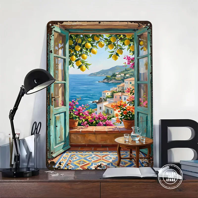 Mediterranean Coastal View Through Metal Poster Customized Wall Art Retro Vintage Metal Signs for Man Cave Wand Deko Tin Sign
