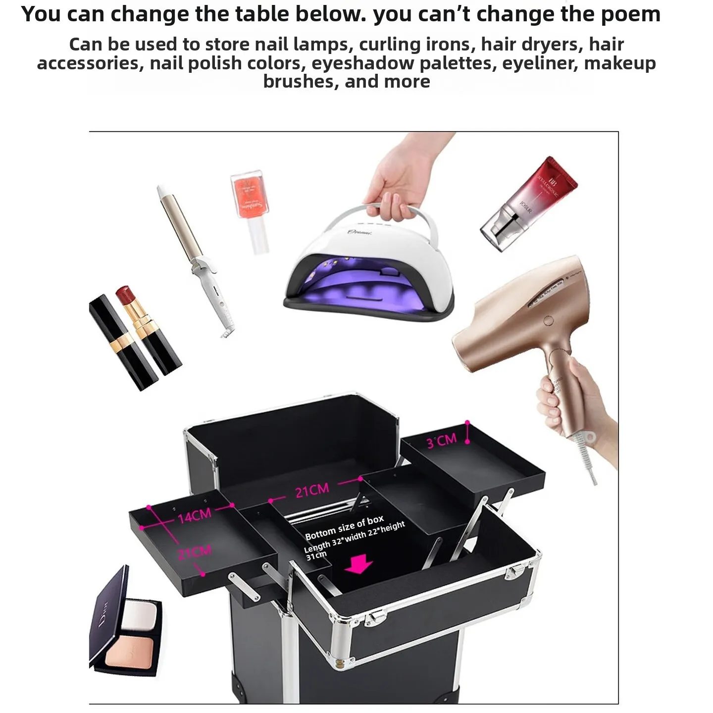 Rolling Makeup Case, Lockable Cosmetic Trolley with Aluminum Alloy Pull Handle and Removable Swivel Wheels, 34 x 24 x 54.5cm - Thumbnail 4