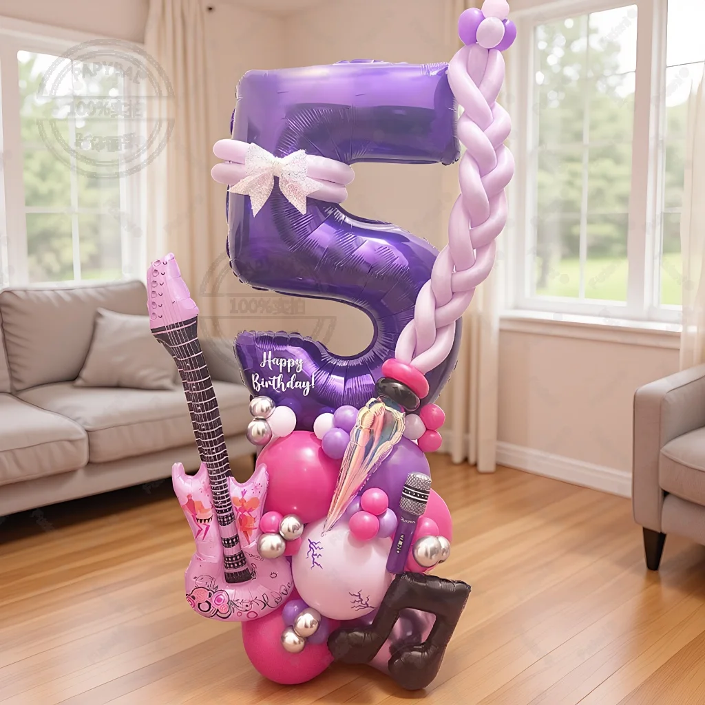 Ballon de guitare avec chiffres violets, 59 pièces, ensemble de ballons d'anniversaire 1-9, décoration de fête à thème musical, accessoires Photo de Festival, cadeau d'anniversaire