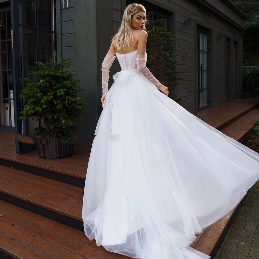 Eelegant – robe de mariée blanche sans bretelles, en Tulle froncé, manches amovibles, pour la plage, ligne A, traîne de balayage