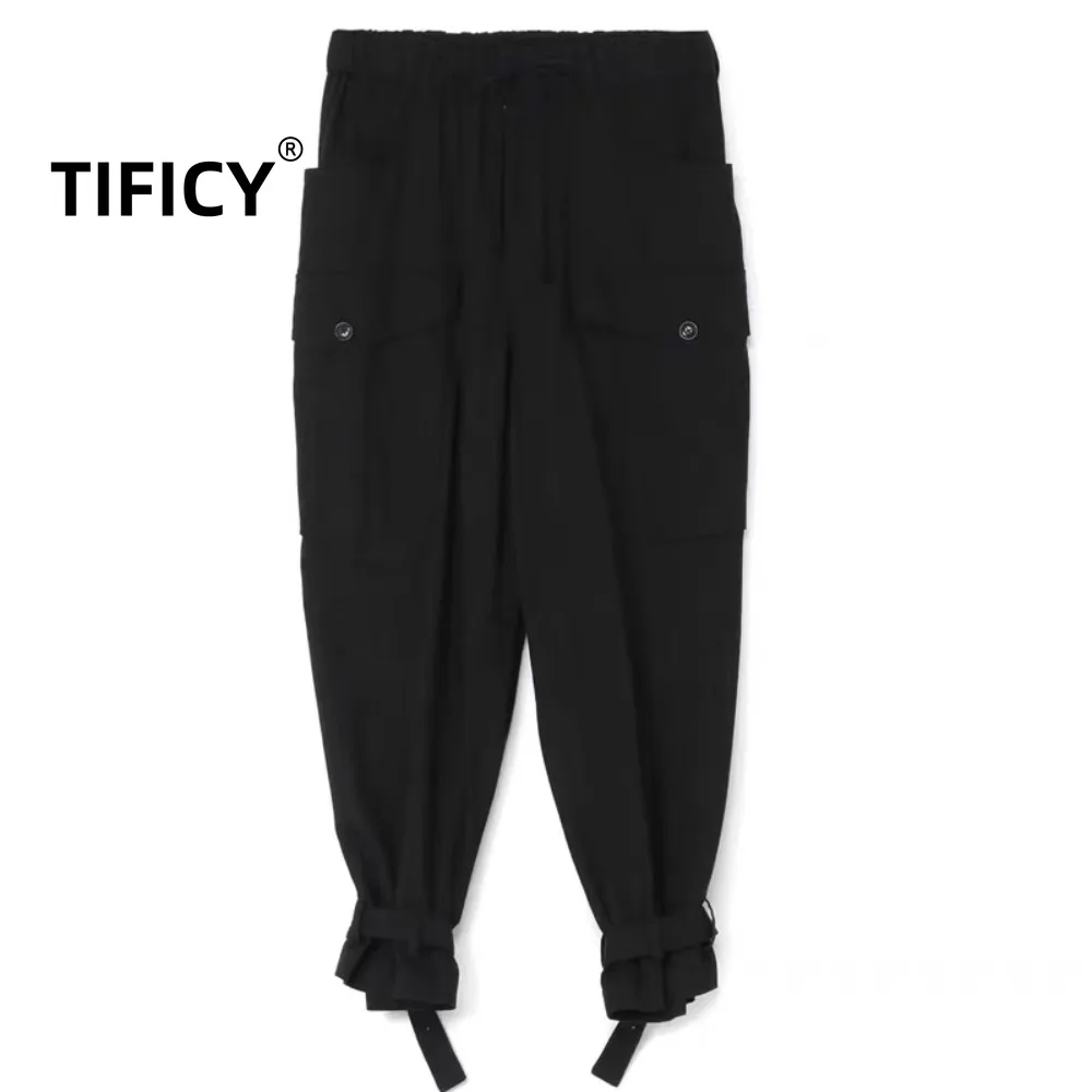 

High Street Elastic Waist Pants Men's Dark Style Ankle Pants with Multiple Pockets Streetwear Casual Loose Pants