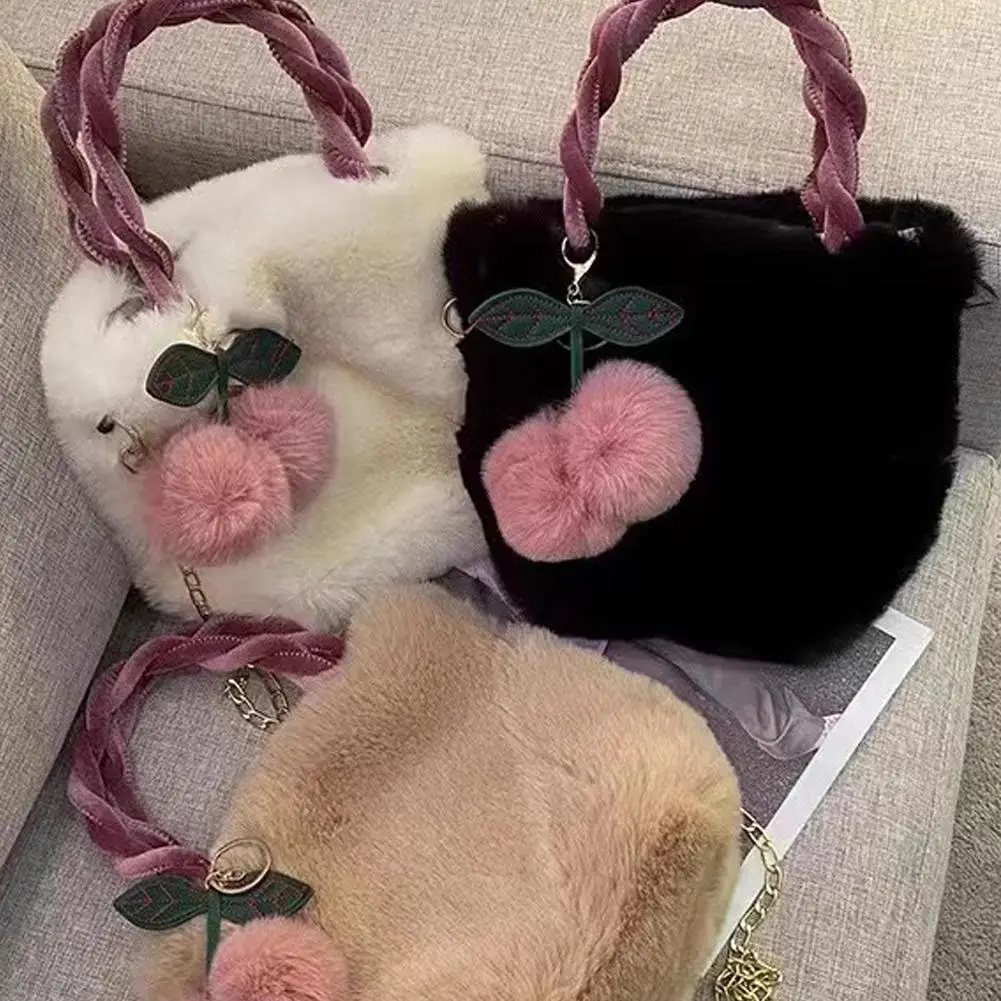 

New Fashion Women Handbags Winter Furry Ladies Soft Plush Clutch Purse Shoulder Bags Fashion Female Cherry Pendant Messenger Bag