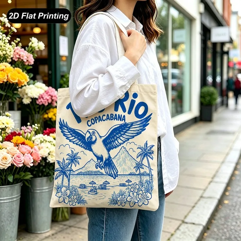 1PC【Tote Bag】2DFlat effect，Retro-style RioCopacabanaBeach Bird Print Tote Bag，Lightweight and large capacity，Adapted shoppin