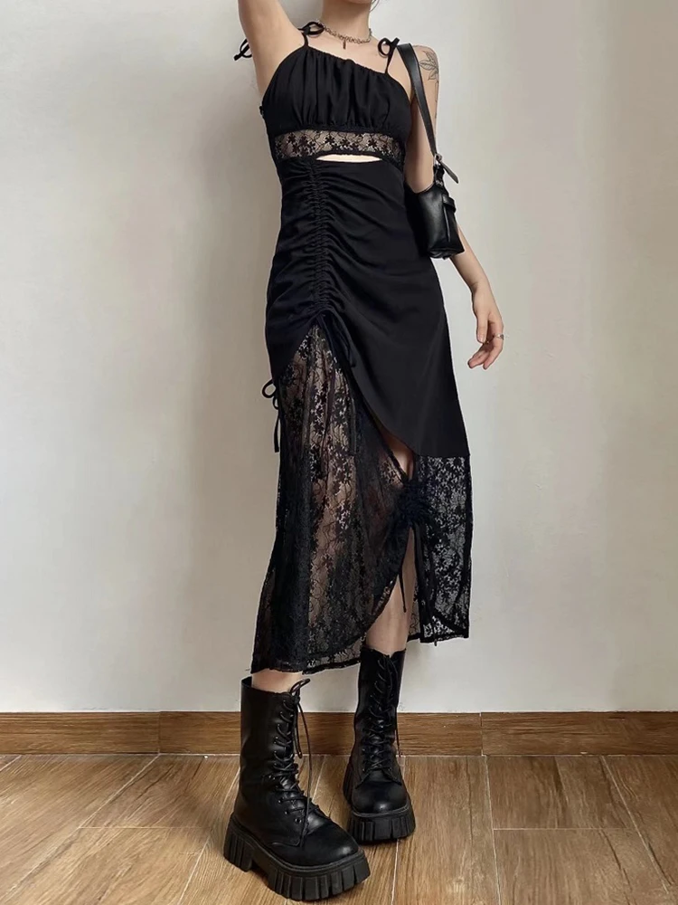 Imagem -02 - Altgoth-estética Mall Gothic Vestido Elegante para Mulheres Sexy Gauza Patchwork Hollow Out Strap Spaghetti Cintura Alta Streetwear