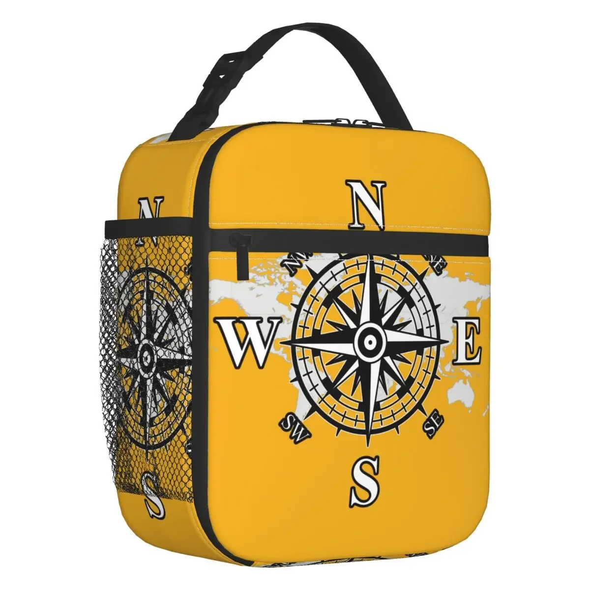 

Compass With World Map Insulated Lunch Tote Bag for Women Cardinal Points Of Earth Portable Thermal Cooler Bento Box School