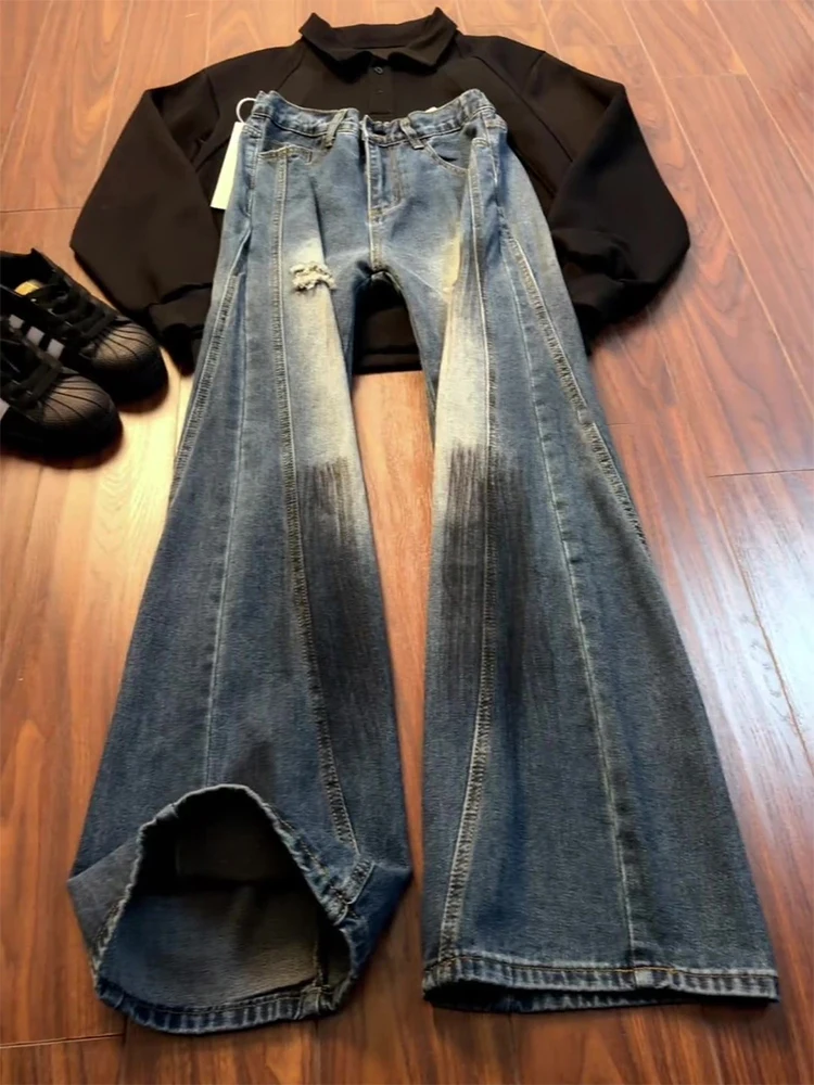 

Deep Blue Men's Denim Jeans Spring Micro Flared Wide Leg Pants American High Street Sle Worn Resistant Loose Fit Straight Tube