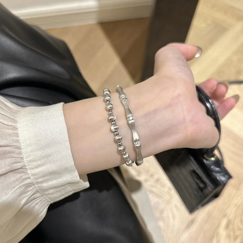 silver 925 classical Chinese style brushed shiny bamboo bangles retro High quality charm bracelet for women wedding jewelry