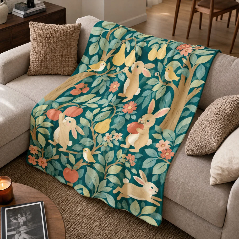Rustic Forest Bunny Throw Blanket Sofa Couch Decor Woodland Animals Autumn Fall Nature Print Decorative Throw Cozy Plush