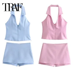 TRAF 2024 Blue Pink Halter Top Woman Off Shoulder Backless Crop Top Women Sleeveless Short Tops Woman Fashion Summer Sexy Tops