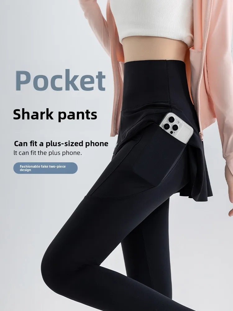 

Женские брюки для йоги с высокой талией и карманами, дизайн «Slark Skin», весенняя верхняя одежда, черный комплект из двух предметов с юбкой