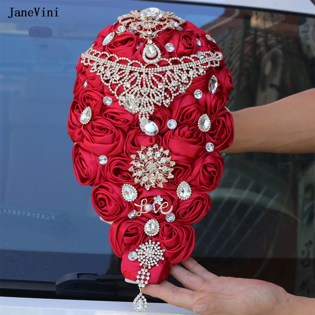 JaneVini Luxury Rhinestone Burgundy Wedding Flowers Waterfall Bridal Bouquets Artificial Satin Roses Cascading Bouquet for Bride