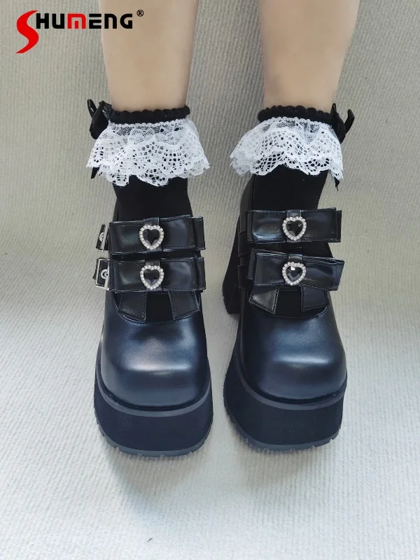 

Japanese Mine Style Mass-produced Elegant Sweet Versatile Lolita Shoes Bow Heart Diamond Black High Platform Heels Pumps Women