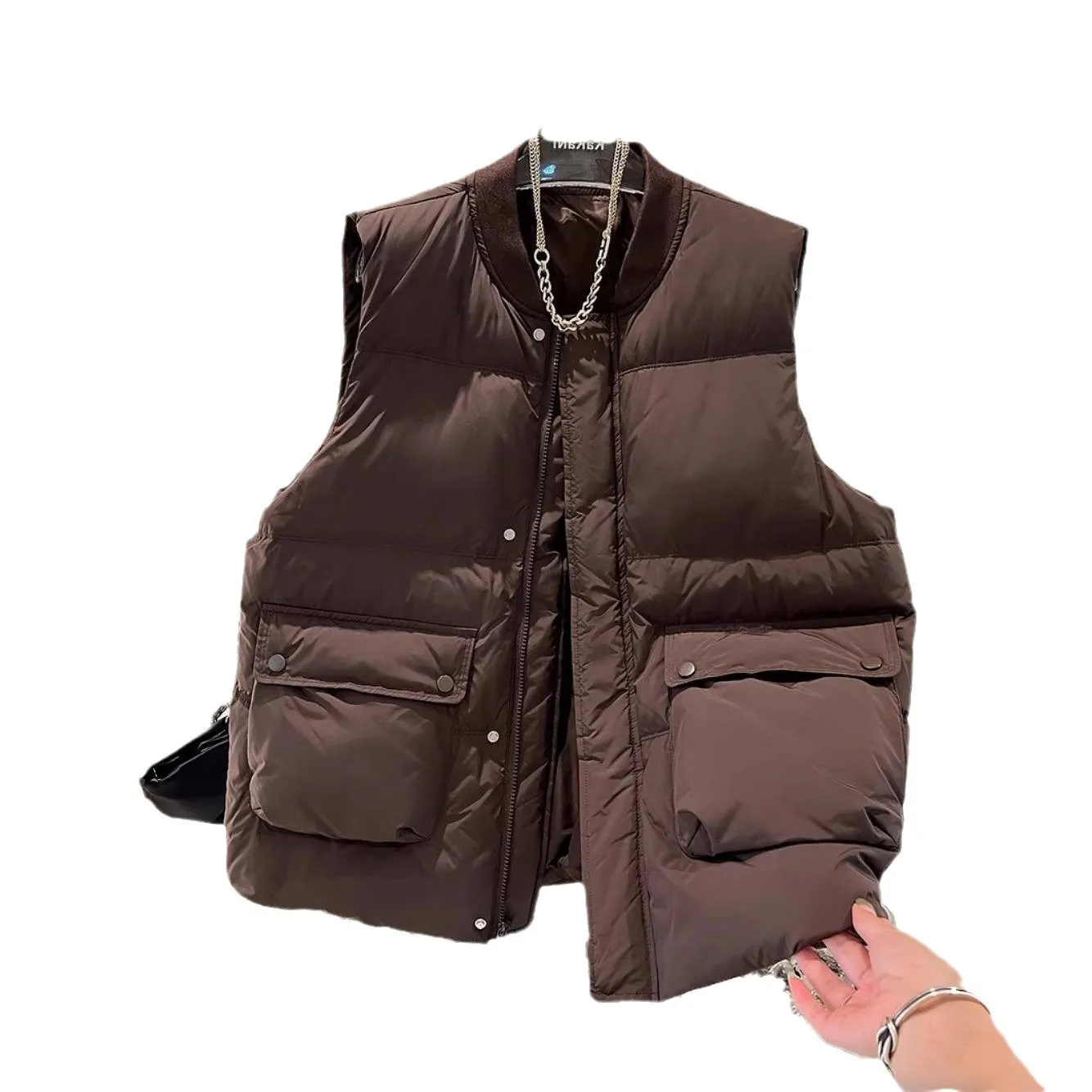 سترات قطنية بدون أكمام معطف نسائي للخريف والشتاء بياقة دائرية وجيوب واحدة صدرية سترات خارجية دافئة