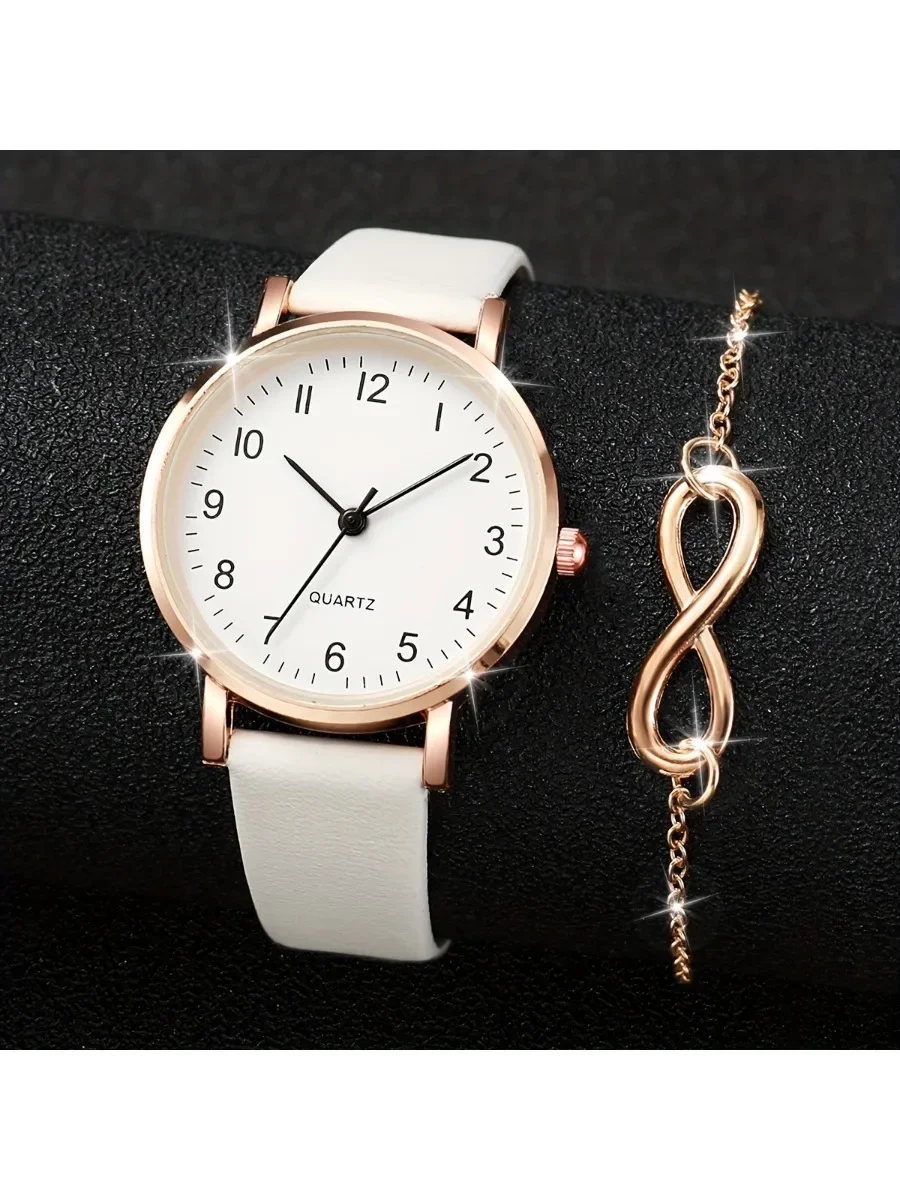 นาฬิกาควอทซ์แฟชั่นลำลอง2ชิ้น/เซ็ตนาฬิกาข้อมือหนัง PU อนาล็อกและสร้อยข้อมือของขวัญสำหรับผู้หญิง