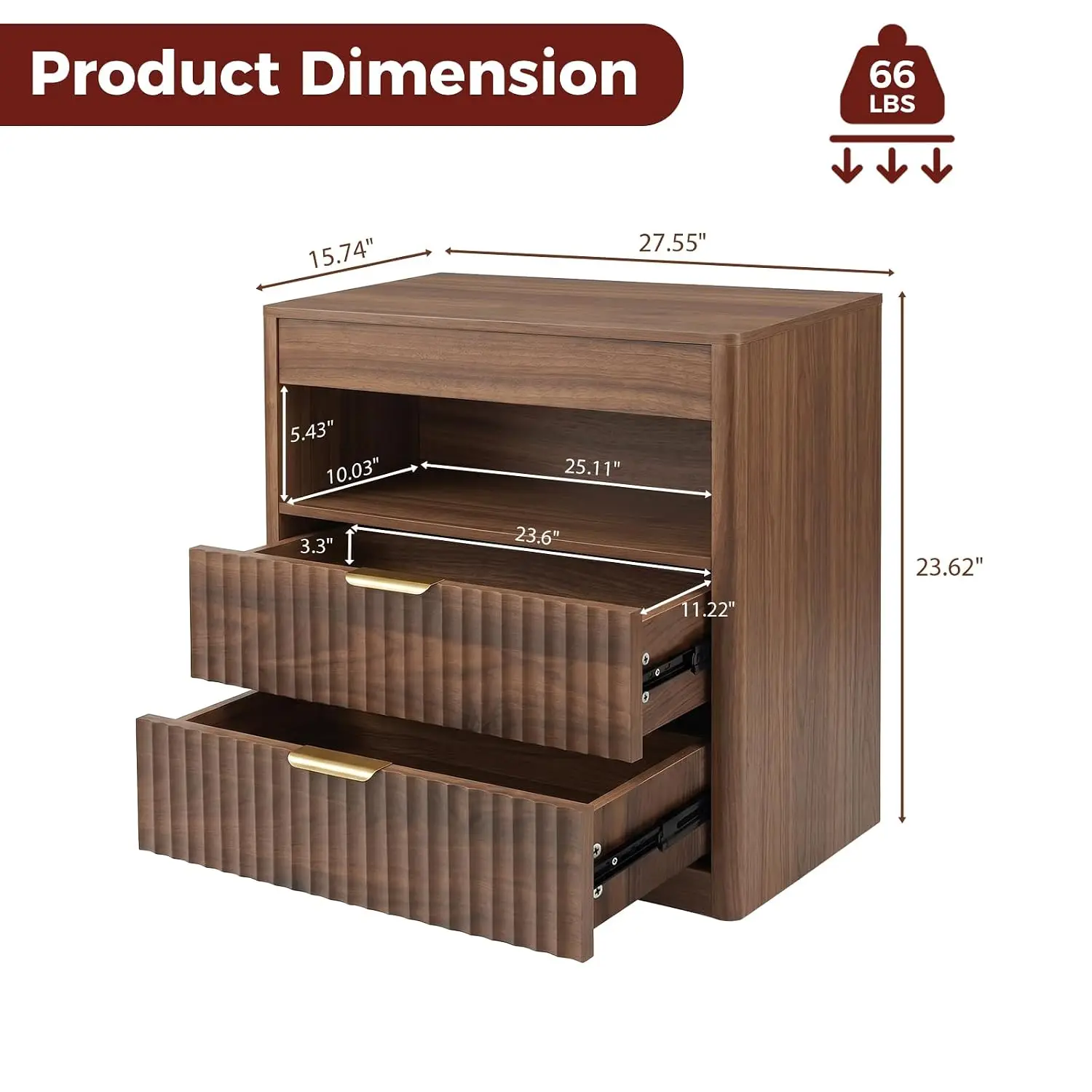 Walnut Fluted Night Stand with Extendable Shelf and 2 Drawers | Side Table with Type-C Charging Station, Mid, Customized