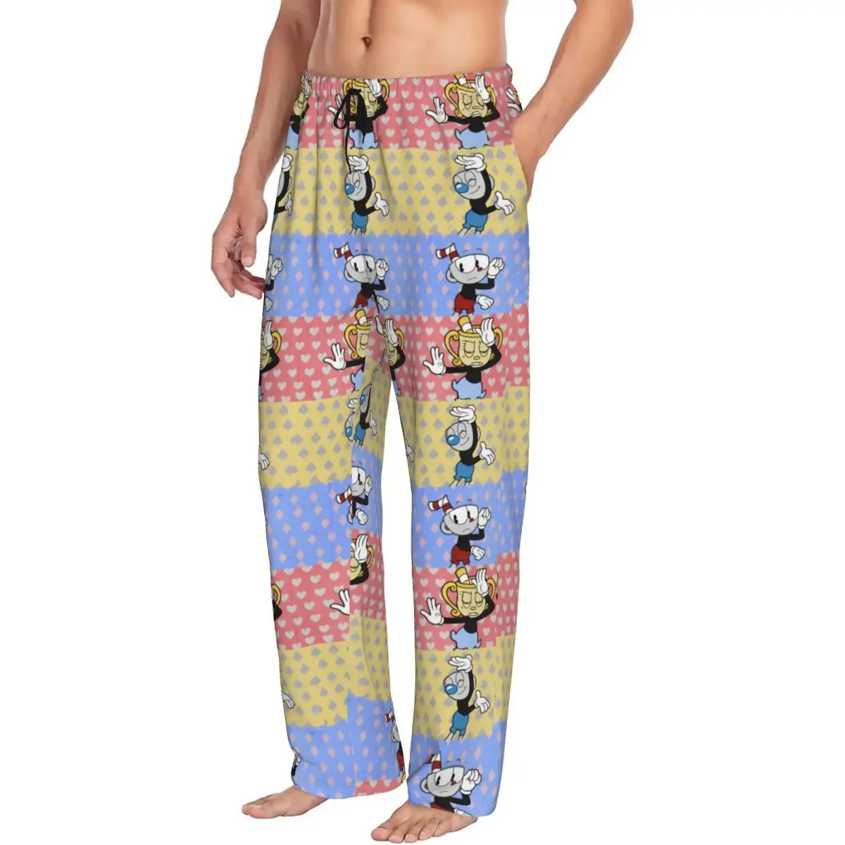 مخصص Cuphead و Mugman بيجامة السراويل الرجال أنيمي لعبة ملابس خاصة صالة النوم قيعان تمتد مع جيوب
