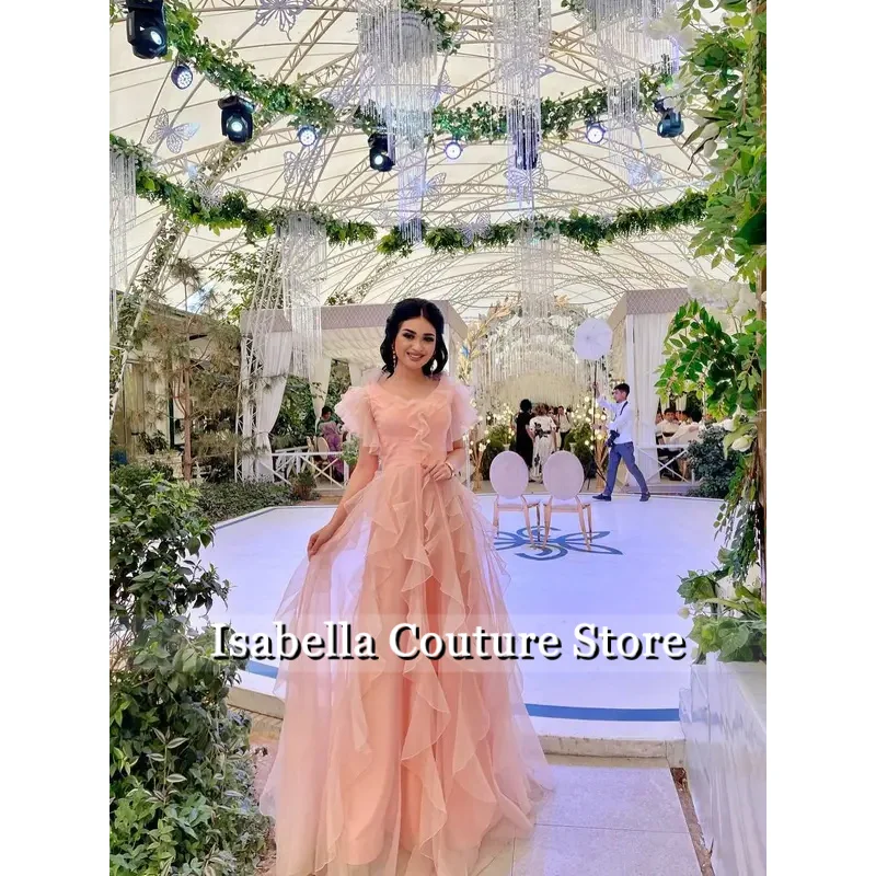 맞춤형 러플 이브닝 드레스 럭셔리 우아한 공식 여성 드레스 특별한 행사용 반소매 라운드 넥 파티