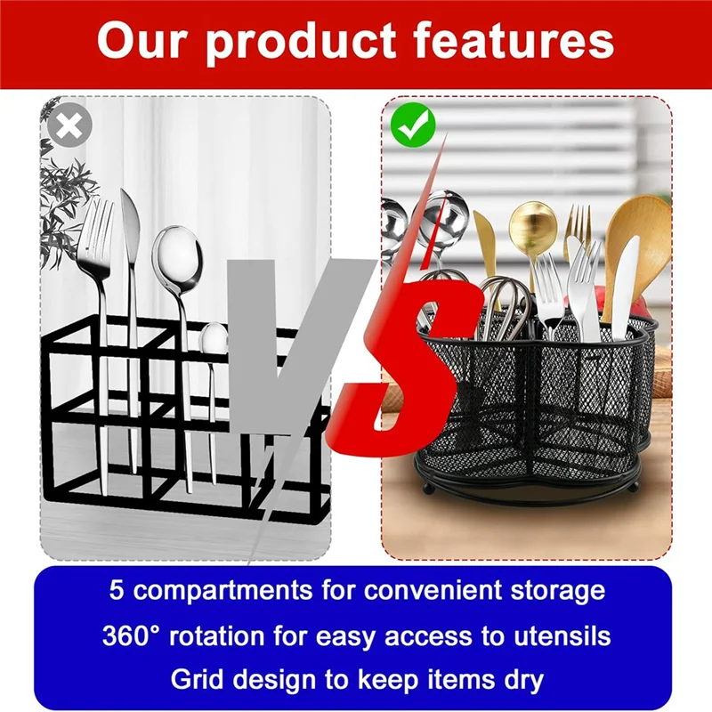ABLQ Silverware Utensil Holder-Whirling 360° Rotating 5 Compartment For Spoon Fork Flatware Storage Kitchen Tool