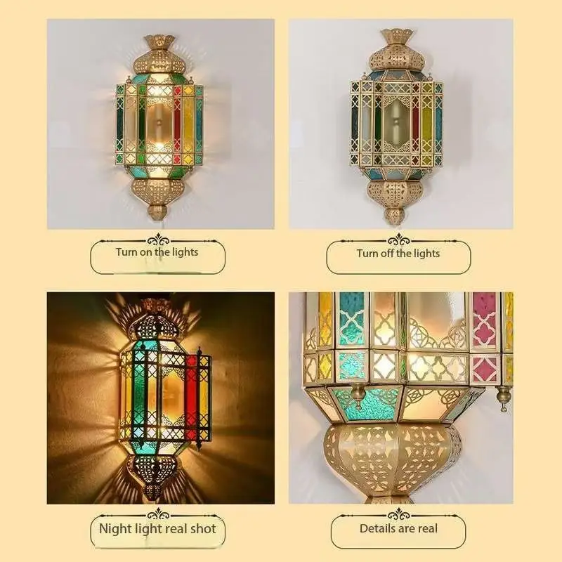 Morocco Xinjiang Style Homestay Retro Exotic Wall Lamp Indian Arabian Copper Hollow Art Luminous Wall Lamp