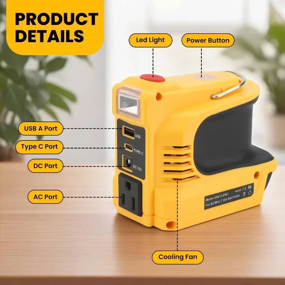 Portable Power Converter for DeWalt 20V Lithium Battery 180W DC20V To AC110/220V Converter with USB & Type-C & AC & LED Lights