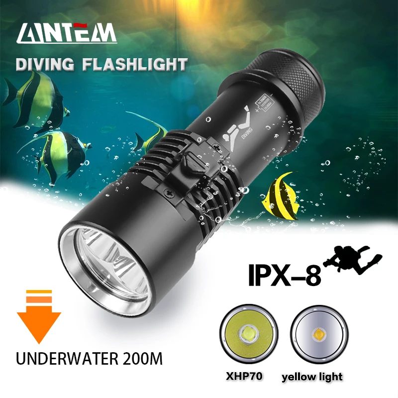 Super bright Diving Flashlight XHP70 Yellow /White LED IPX8 waterproof rating Professional diving light Powered by 26650 battery