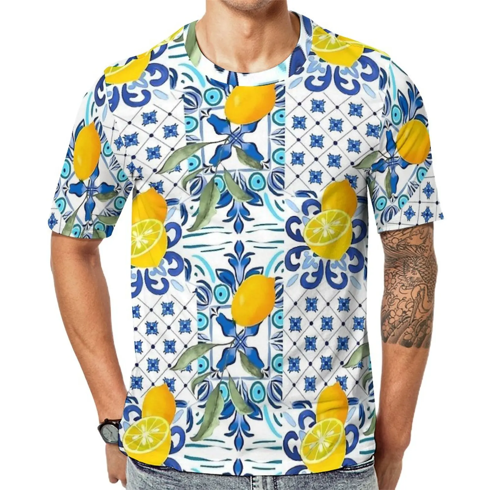 

Футболка с мозаикой и лимоном, винтажная сицилийская плитка, футболки в стиле ретро, дизайнерская футболка с короткими рукавами, лидер продаж, летняя уличная одежда, топы большого размера