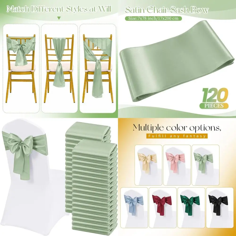 

120 шт. атласных лент-бантов для стульев цвета шалфей, универсальные завязки для декора свадеб, вечеринок, ресторанов и мероприятий (17,8 x 198 см)