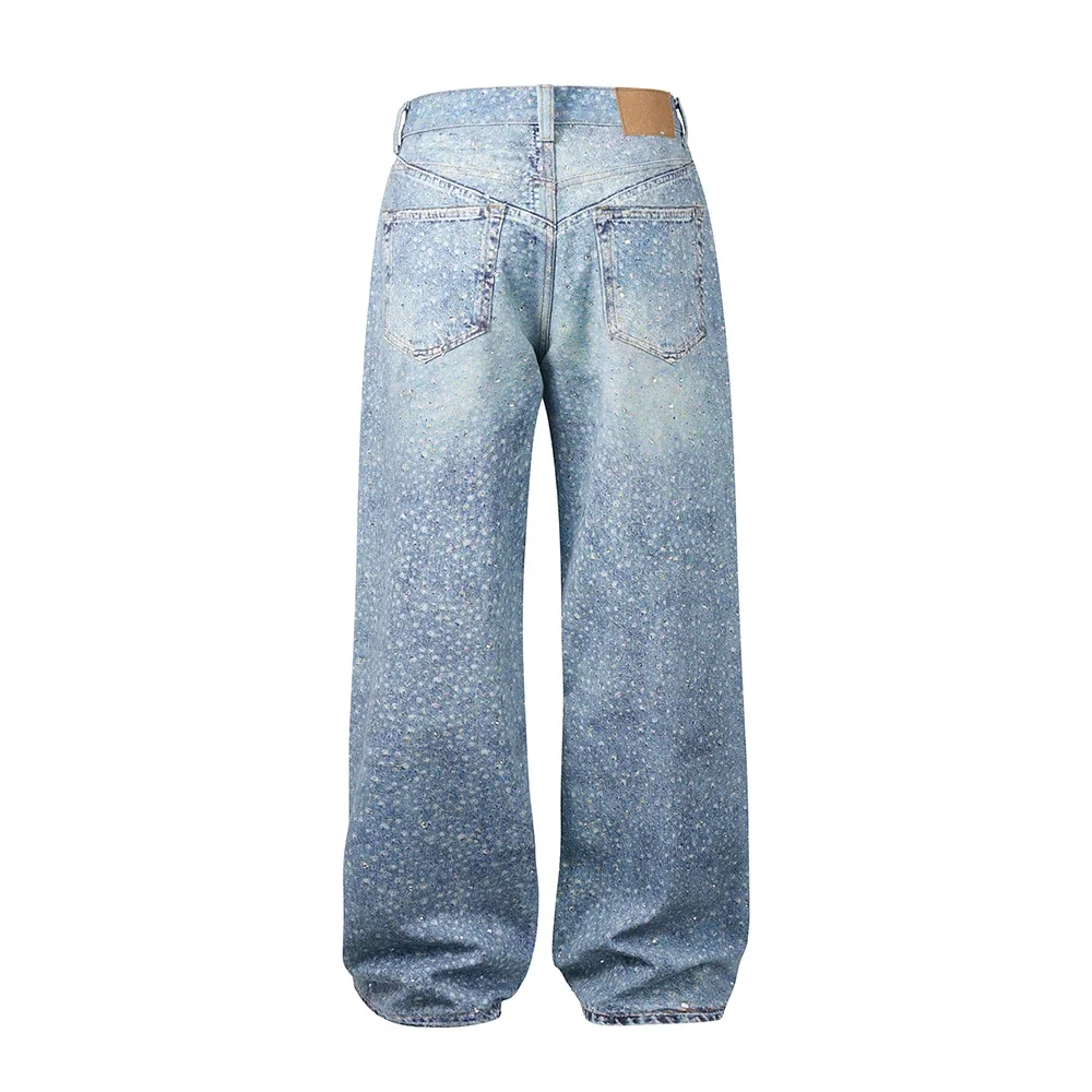 Jeans larghi blu lavati con stampa piena di strass Uomo e donna Ropa Hombre Streetwear Pantaloni in denim casual solidi Cargos larghi