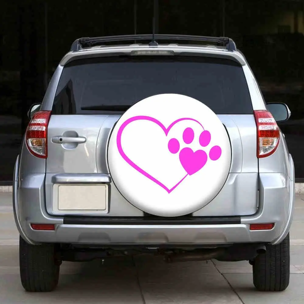 IBILIU Pink Paw Print Spare Tire Cover,UV Sun Protectors Wheel Cover Heart Animal Foot White Tire Cover Universal Fit for Car,T