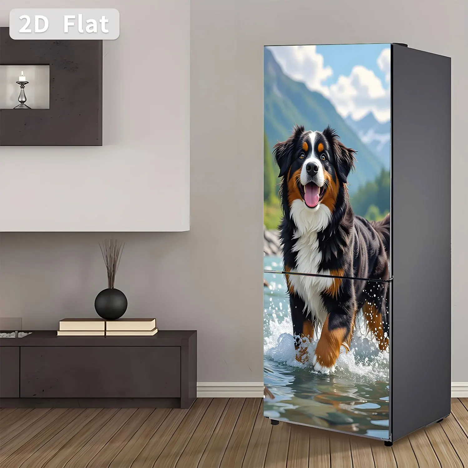 Refrigerator Sticker Bernese Mountain Dog Playing in Water Theme Design Wall Sticker Decorative Wallpaper Self-Adhesive Suita