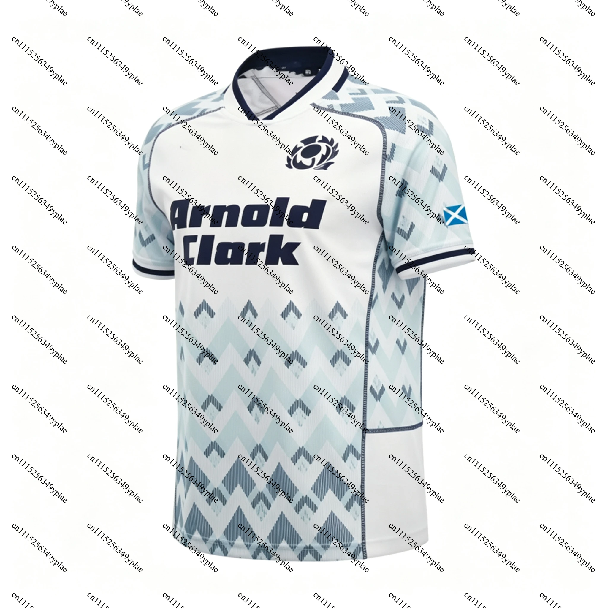 Men V Neck Rugby Jersey White Base Light Blue Chevron Geometric Print Short Sleeve Quick Dry Breathable Athletic Training Shirt