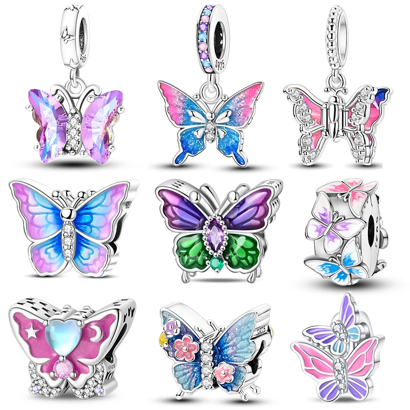 

Springtime 925 Sterling Silver Sparkling Zircon Colorful Butterfly Charms Beads Fit Pendants Bracelets DIY Birthday Jewelry Gift